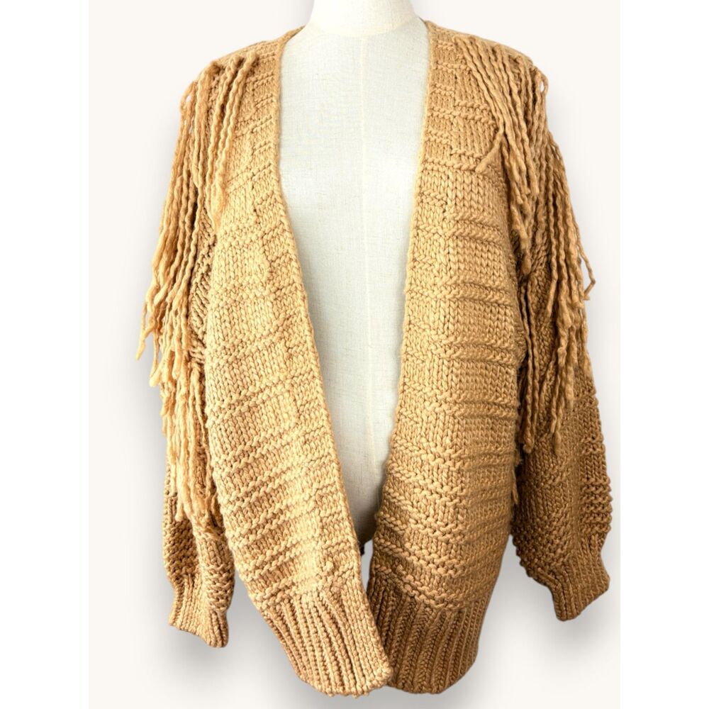 Forever 21 Chunky Oversized Knit Fringe Cardigan Camel Tan Boho S
